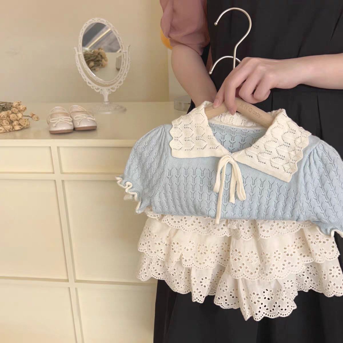 طقم بكروشيه وياقة مزخرفة وتنورة بطبقات تصميم صيفي للبنات - DeerChic
