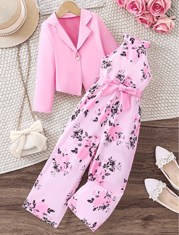 طقم بقطعتين بطبعة ورود للبنات