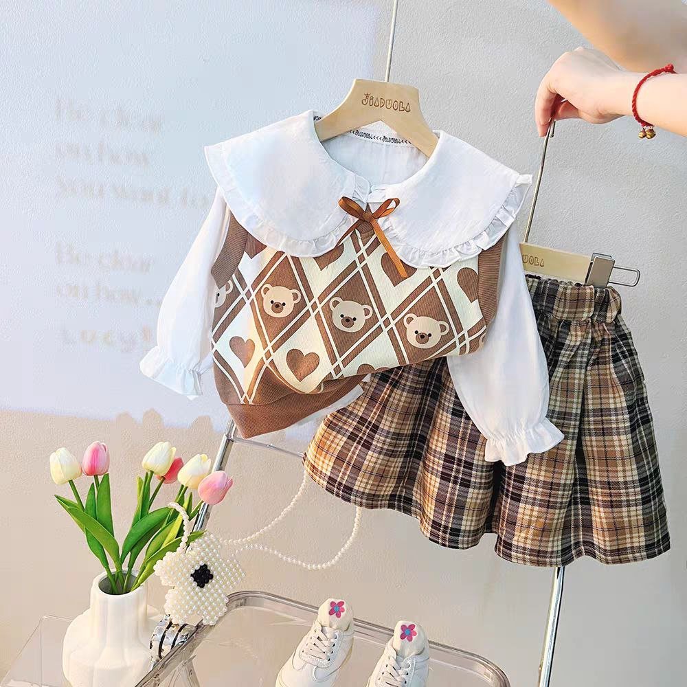 طقم بناتي من قطعتين كارو بتطريز دببة