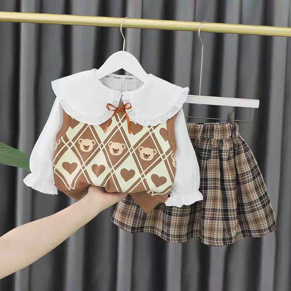 طقم بناتي من قطعتين كارو بتطريز دببة