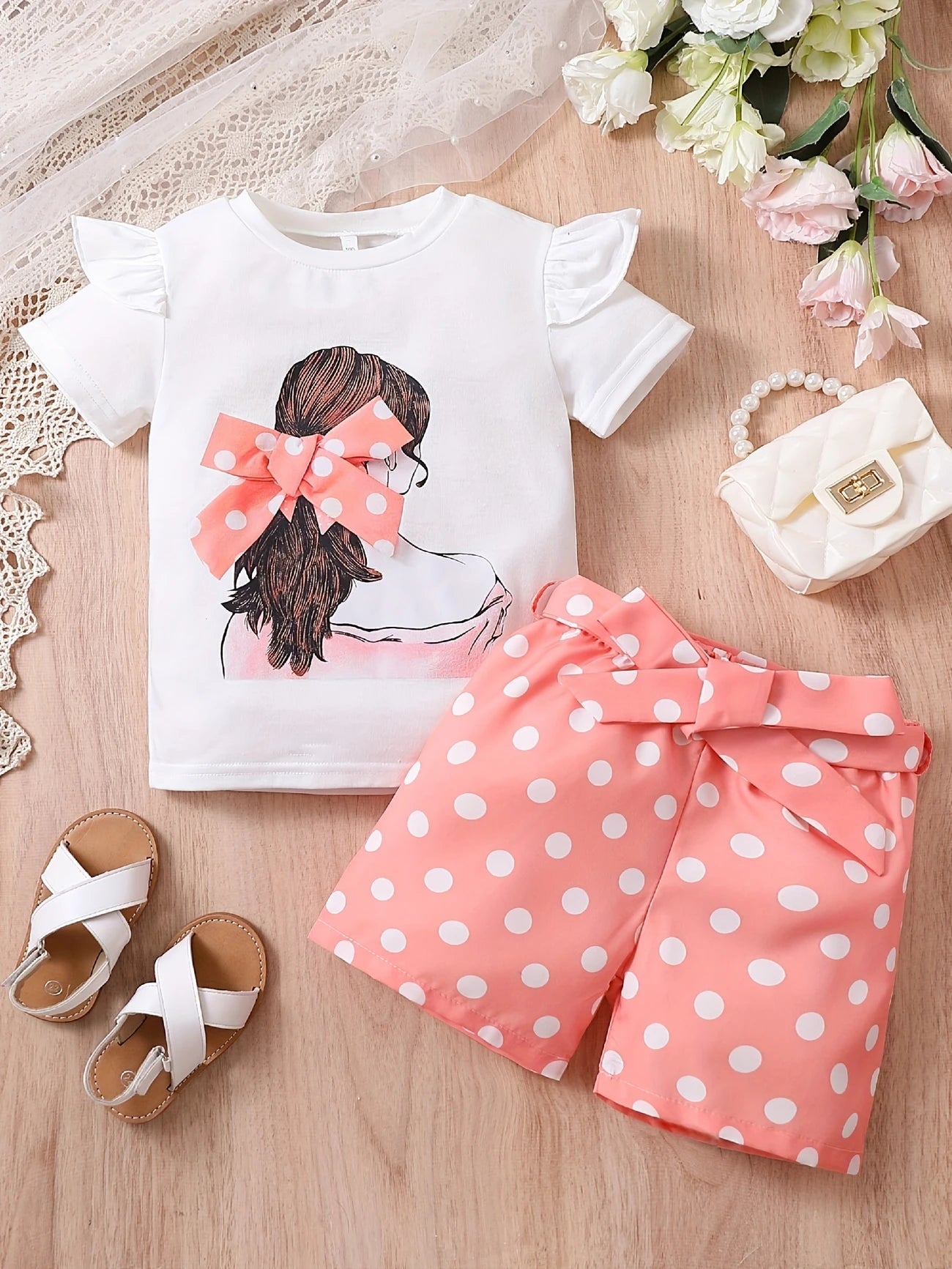 طقم بناتي من قطعتين تيشيرت برسمة ووردة ثلاثية الأبعاد و شورت منقط بتصميم صيفي - DeerChic