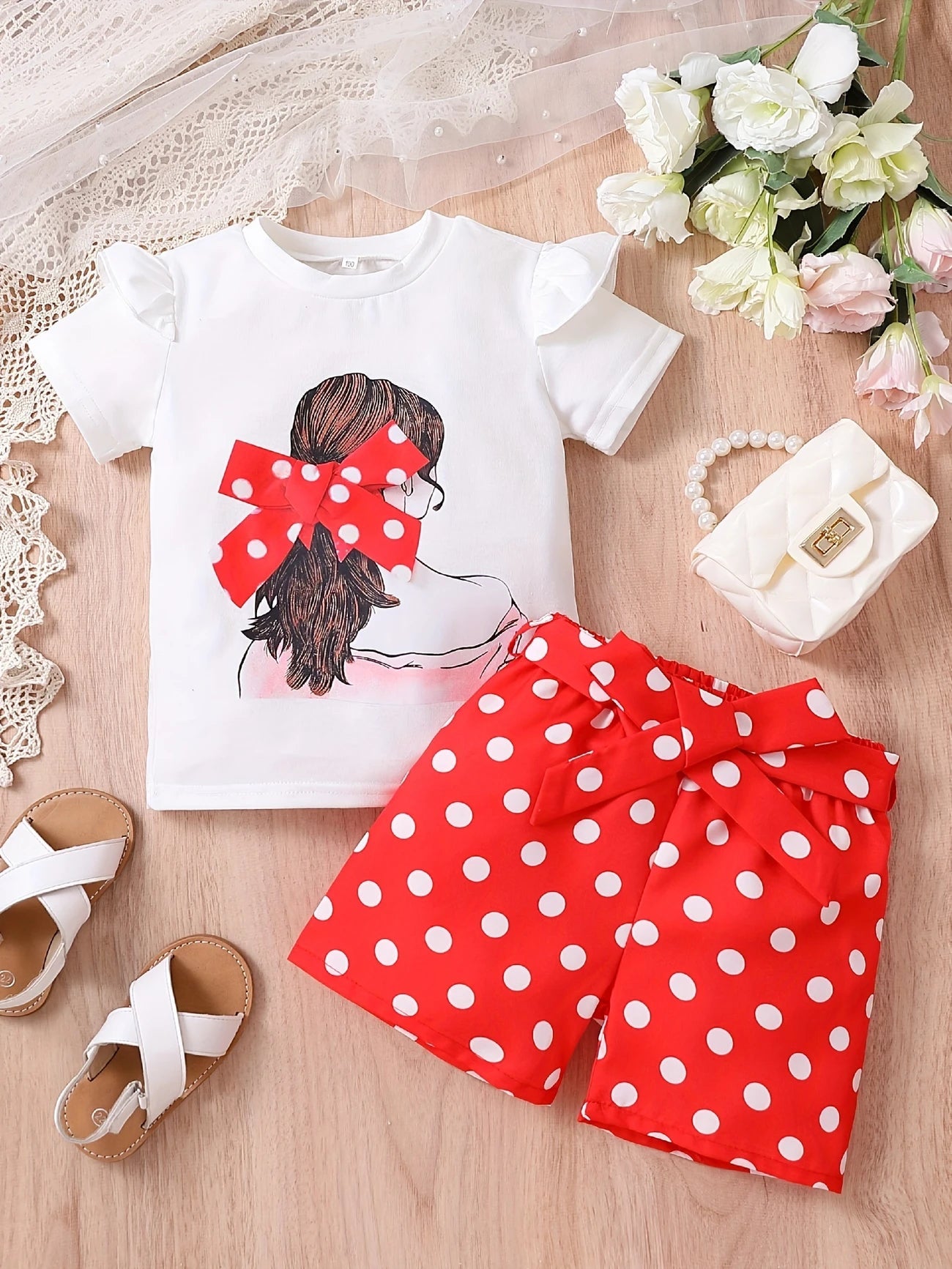 طقم بناتي من قطعتين تيشيرت برسمة ووردة ثلاثية الأبعاد و شورت منقط بتصميم صيفي - DeerChic
