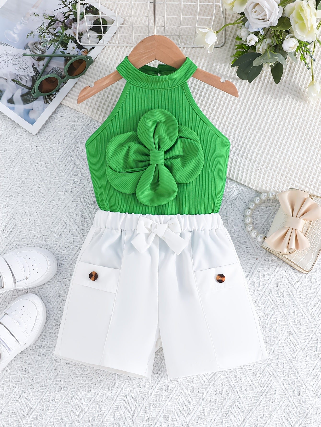 طقم بناتي صيفي من قطعتين بفيونكة أمامية