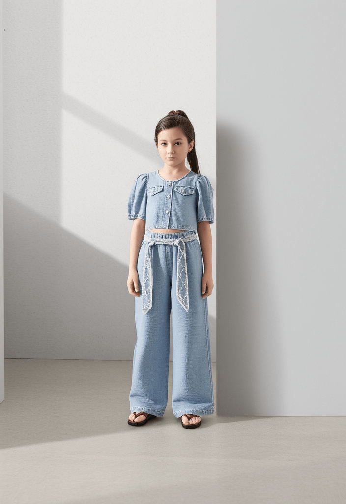 طقم  جينز بكم منتفخ وسروال واسع  تصميم صيفي  للبنات