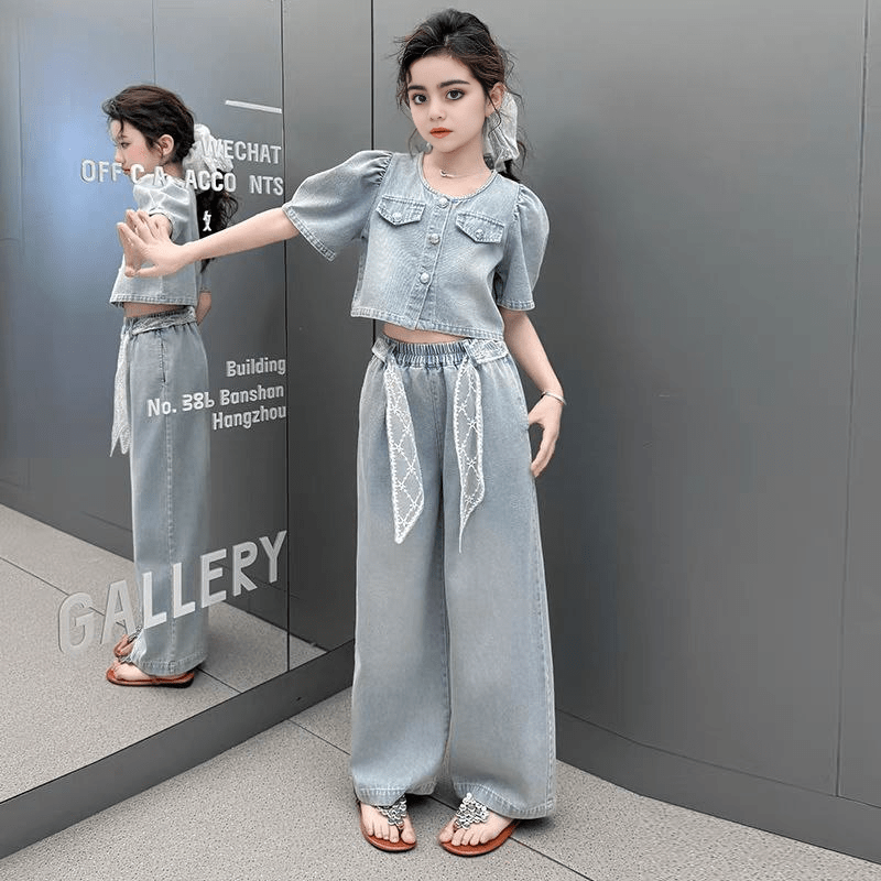 طقم جينز بكم منتفخ وسروال واسع تصميم صيفي للبنات - DeerChic