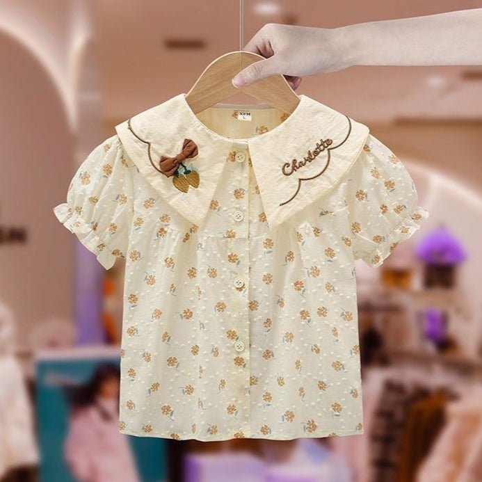 طقم من قطعتين بلوزة بطبعة زهور و شورت برباط دانتيل للبنات - DeerChic