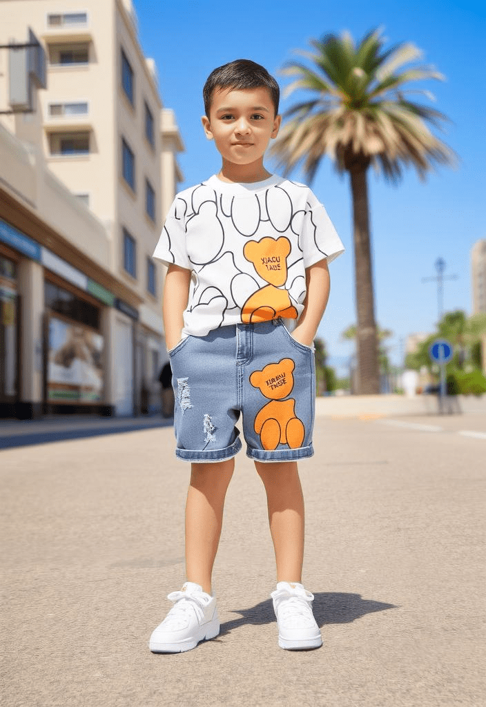 طقم من قطعتين بتصميم دب مطبوع  صيفي كاجوال للأولاد