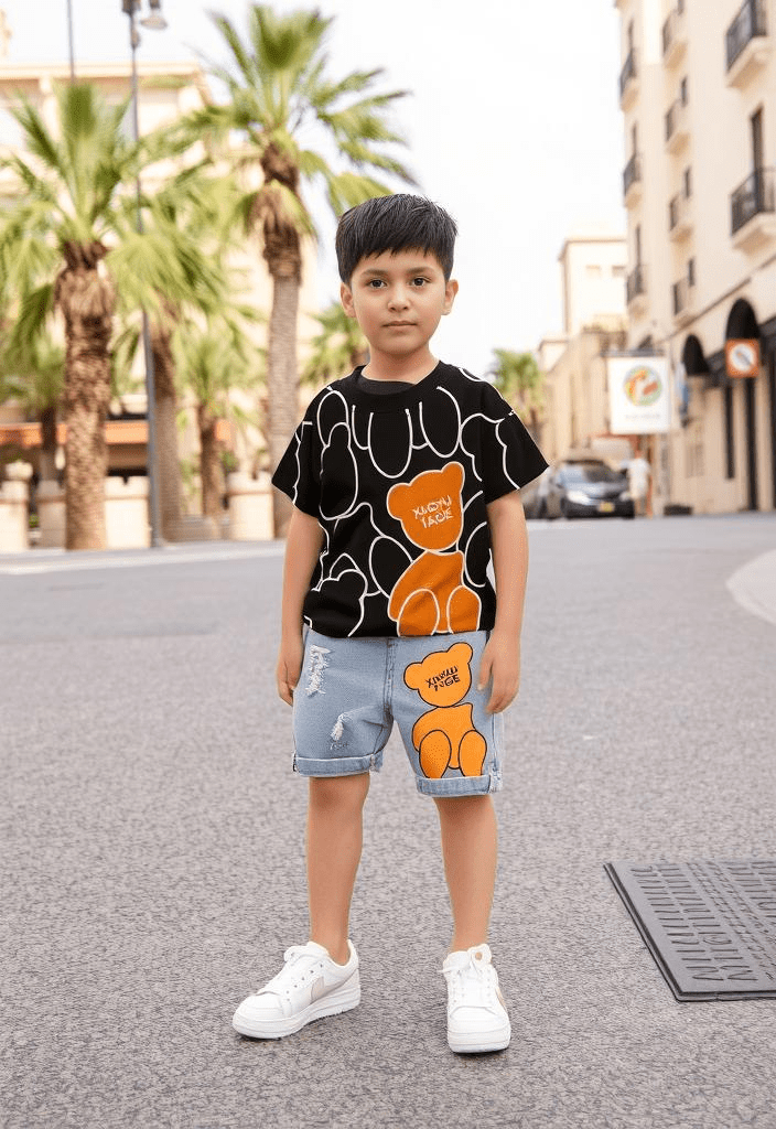 طقم من قطعتين بتصميم دب مطبوع  صيفي كاجوال للأولاد