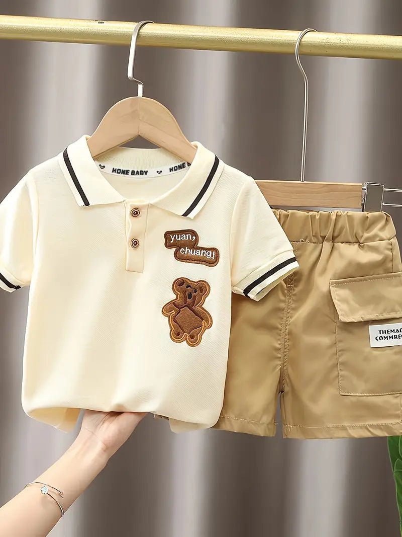 طقم من قطعتين  بتصميم دب مطرز صيفي كاجوال للأولاد