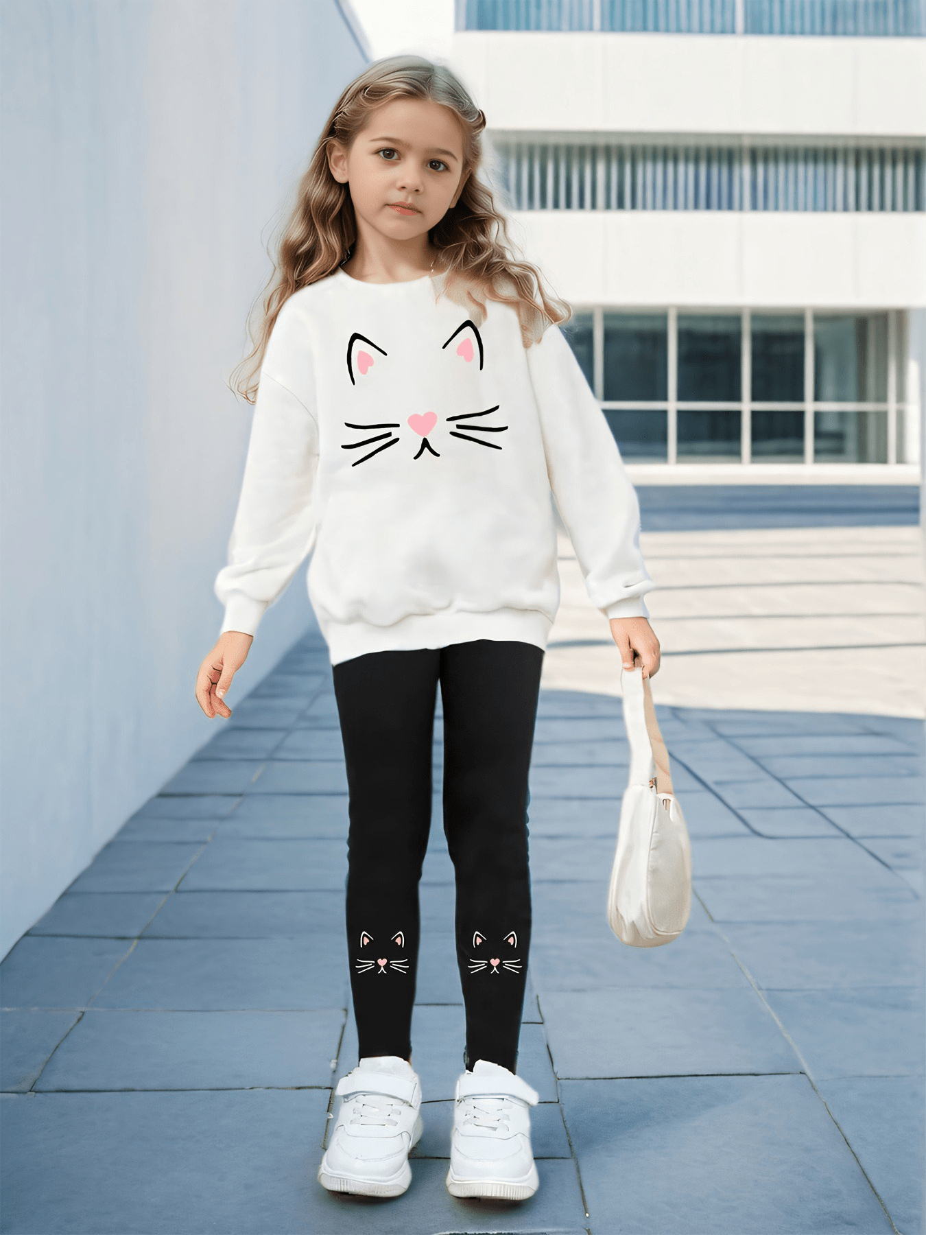 طقم شتوي بطبعة قطة للبنات