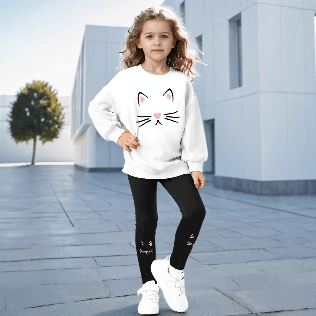 طقم شتوي بطبعة قطة للبنات - DeerChic