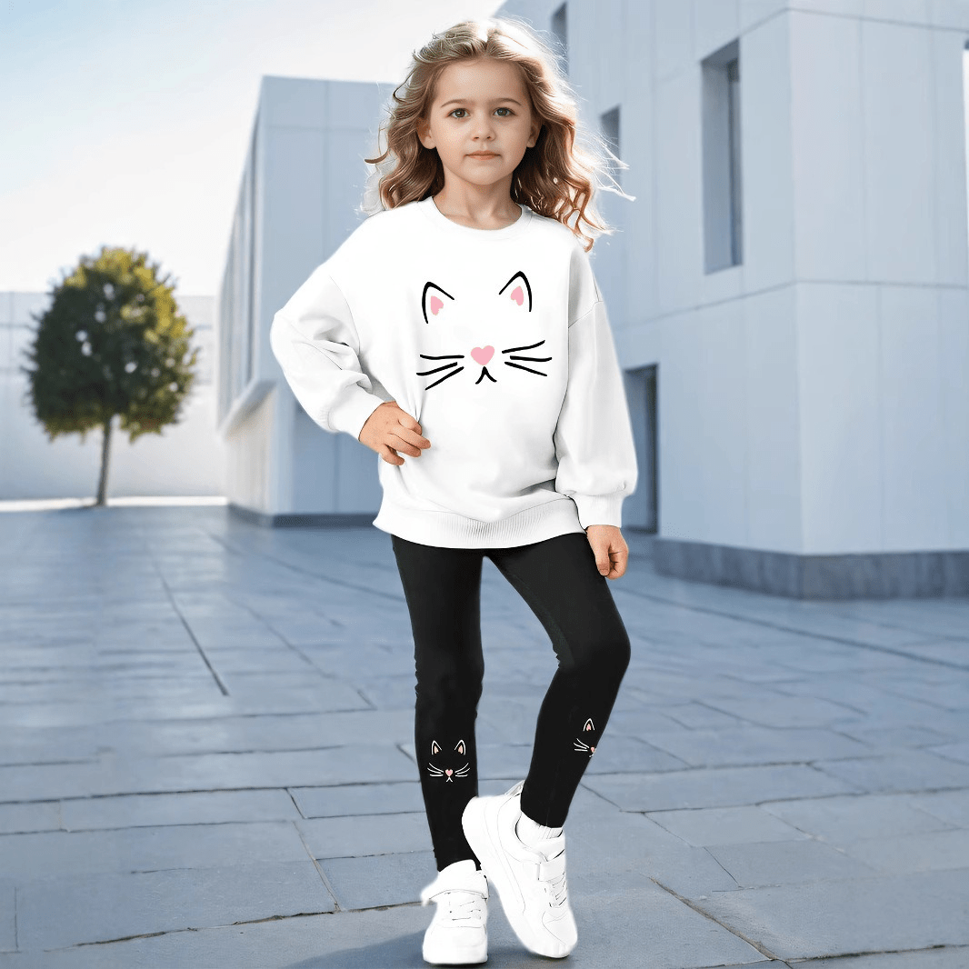 طقم شتوي بطبعة قطة للبنات - DeerChic