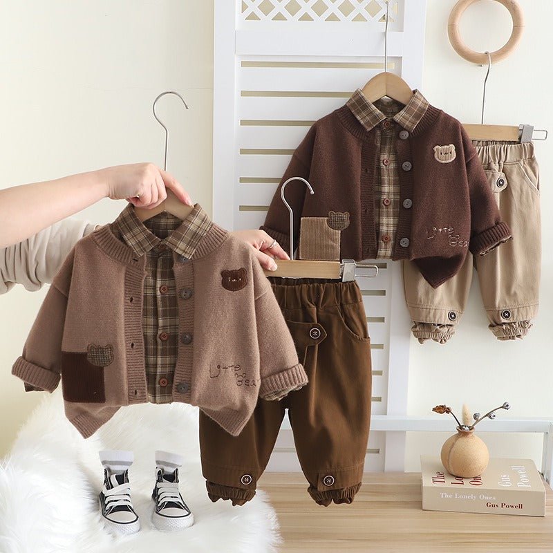 طقم ثلاث قطع شتوي دافئ وكلاسيكي للأولاد